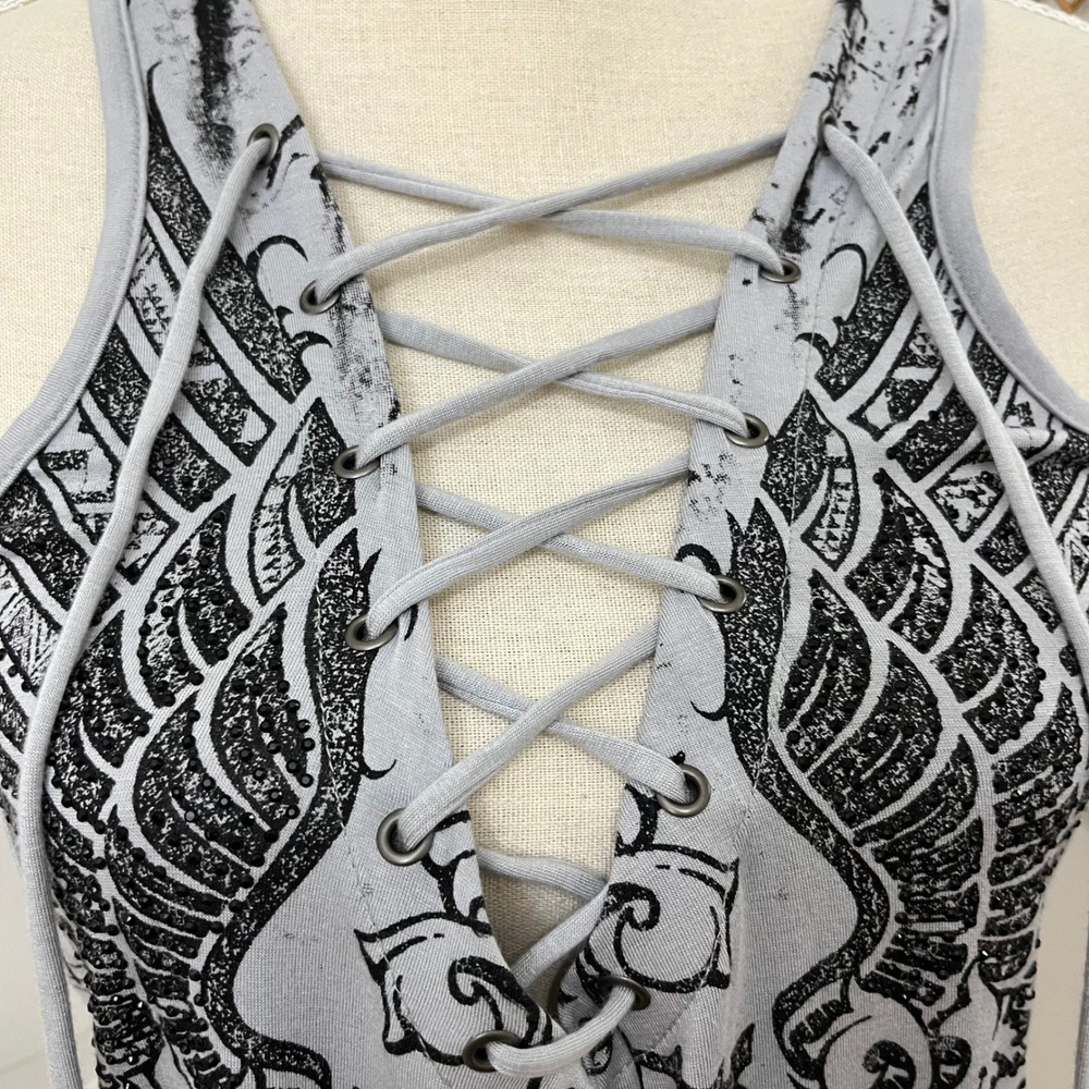 True Y2K Lace Up Affliction Tank Top L Grunge Emo Goth Biker Indie Mesh - Picture 3 of 8